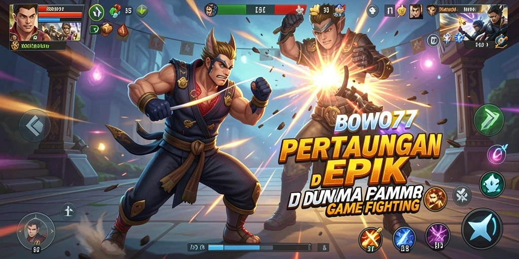 Screenshot gameplay BOWO77 menunjukkan pertarungan karakter dengan efek visual yang menarik.