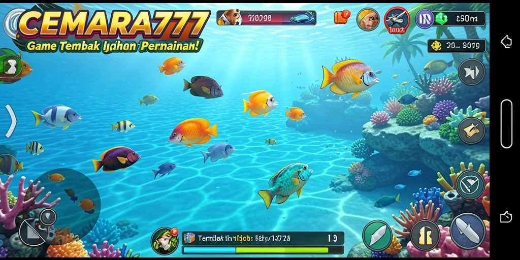 Tampilan gameplay seru di CEMARA777 dengan banyak ikan untuk ditembak.