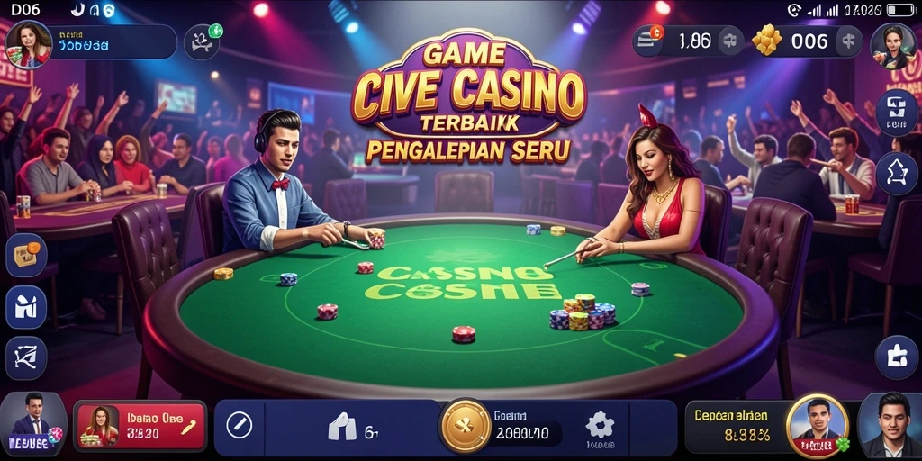 Tampilan screenshot D06 menampilkan dealer langsung dan permainan kasino yang seru.
