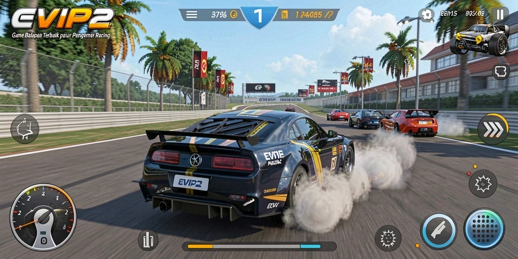 Screenshot game EVIP2 yang menunjukkan aksi balapan yang mendebarkan.