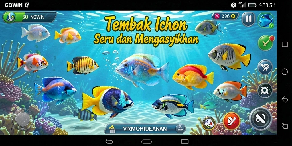 Gameplay GOWIN yang mengasyikkan dalam menembak ikan di bawah laut.