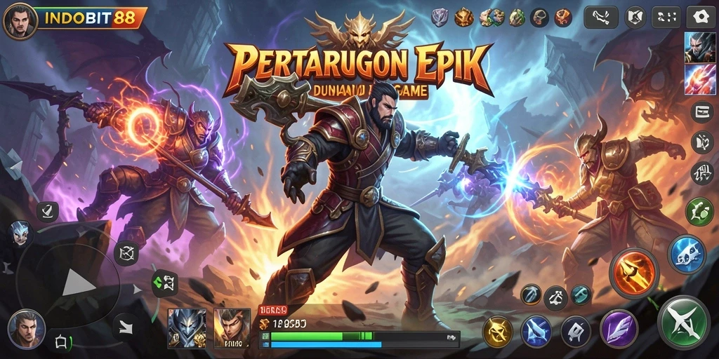 Tampilan gameplay pertarungan yang mendebarkan di INDOBIT88.