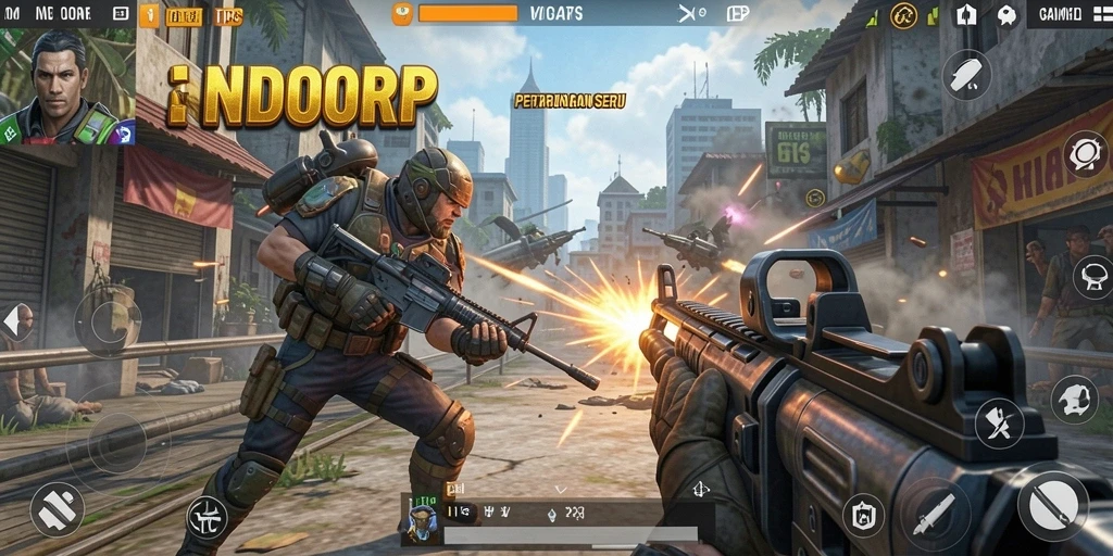 Tangkapan layar gameplay <strong>INDORP</strong> menampilkan aksi seru dalam pertarungan TPS.