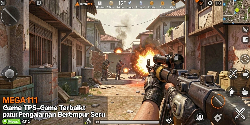 Screenshot utama MEGA111 menampilkan aksi intense dalam gameplay TPS.