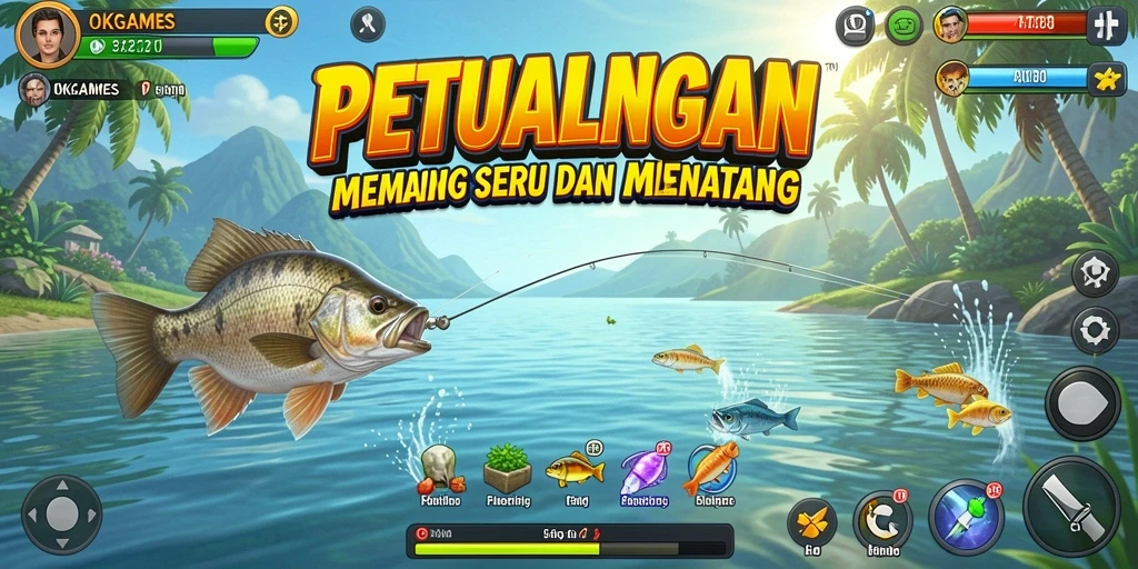 Screenshot OKGAMES menunjukkan gameplay memancing yang dinamis dan interaktif.