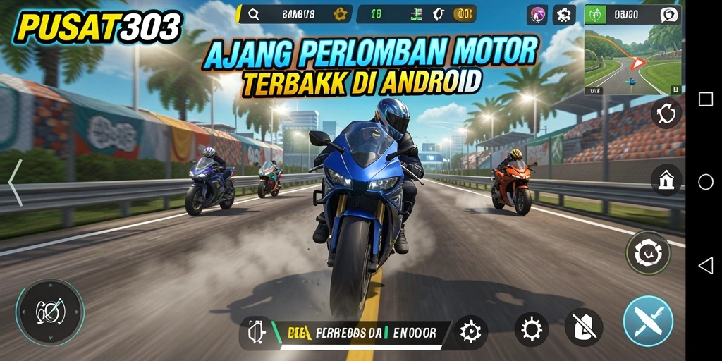 Tangkapan layar gameplay PUSAT303 menampilkan aksi balapan motor yang mendebarkan.
